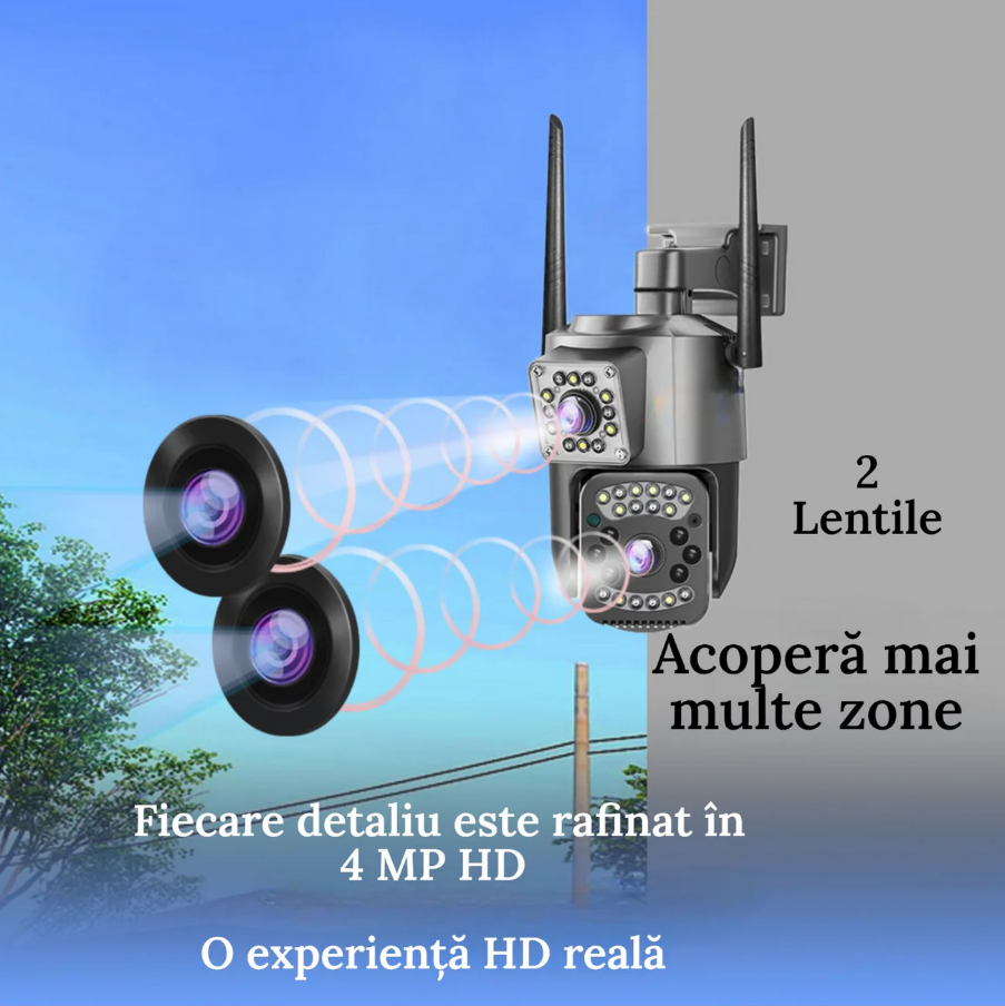 SET 2X Camere 4G/LAN Dual Lens, Detectare Miscare cu Senzor Inteligent, 1080P 4+4MP, Zoom 10X, IP66, PTZ 360°