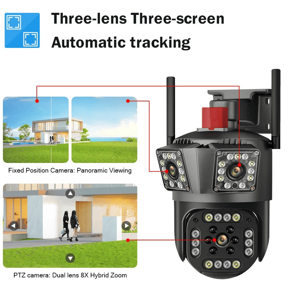 Camera Tripla Wi-Fi 6K 12MP, Zoom Digital 8X, AI Motion Detection, Night Vision, IP66, Card 64GB Inclus