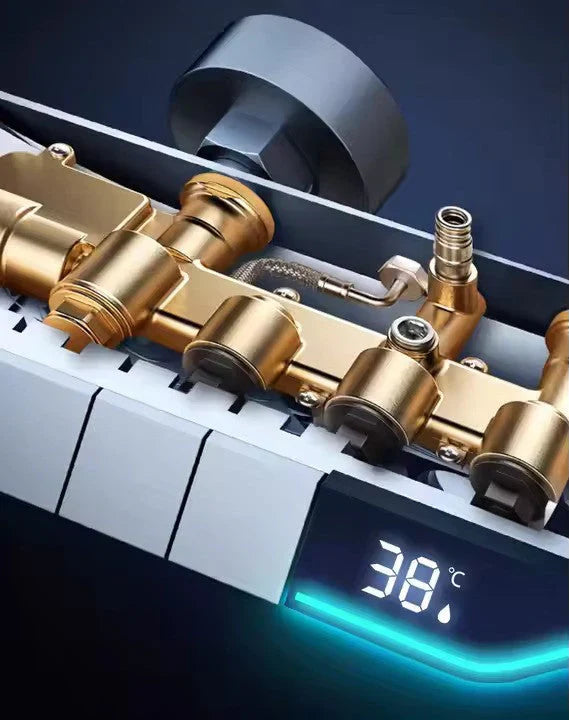 Set Baterie Coloana de Dus EliteWave - Tip Ploaie, Control Termostatic, Afisaj LED, Rotire 360°, 4 Moduri de Pulverizare