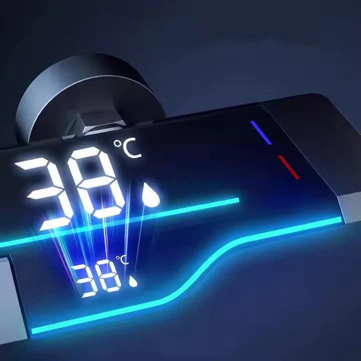 Set Baterie Coloana de Dus EliteWave - Tip Ploaie, Control Termostatic, Afisaj LED, Rotire 360°, 4 Moduri de Pulverizare