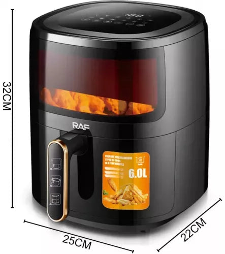 Friteuza Air Fryer RAF, 6L, Aer Cald Fara Ulei, 1500W, Negru, Sticla Transparenta, Touch Screen Digital