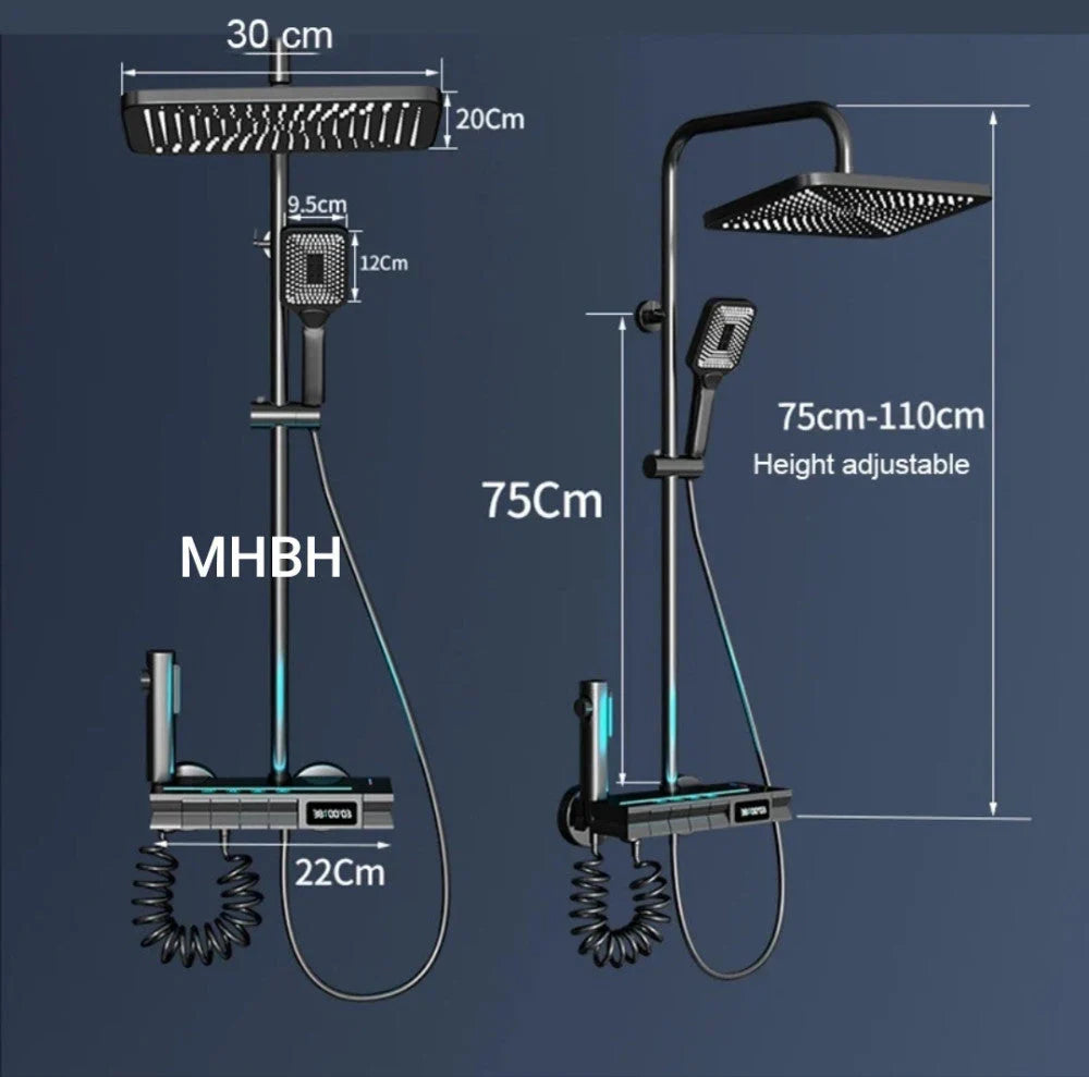 Set Baterie Coloana de Dus EliteWave - Tip Ploaie, Control Termostatic, Afisaj LED, Rotire 360°, 4 Moduri de Pulverizare