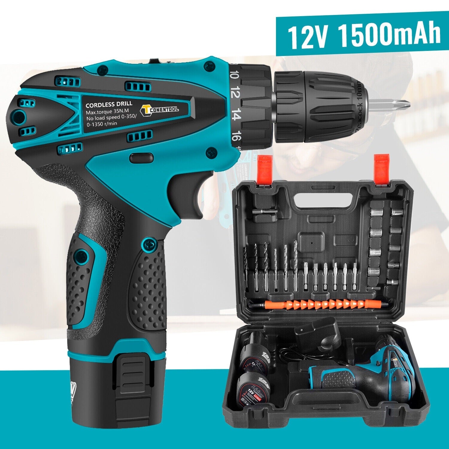 Set Bormasina Electrica, 12V Cu 2 Acumulatori, 1400 RPM Si 24 Accesorii Incluse