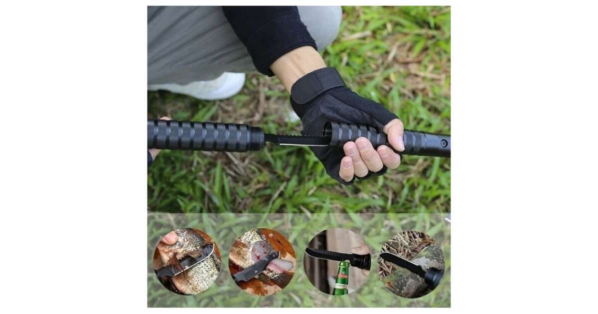 Topor Multifunctional 6 in 1 cu Cutit, Busola si Fluier, Amnar, 43,5 cm, Otel 420, Negru