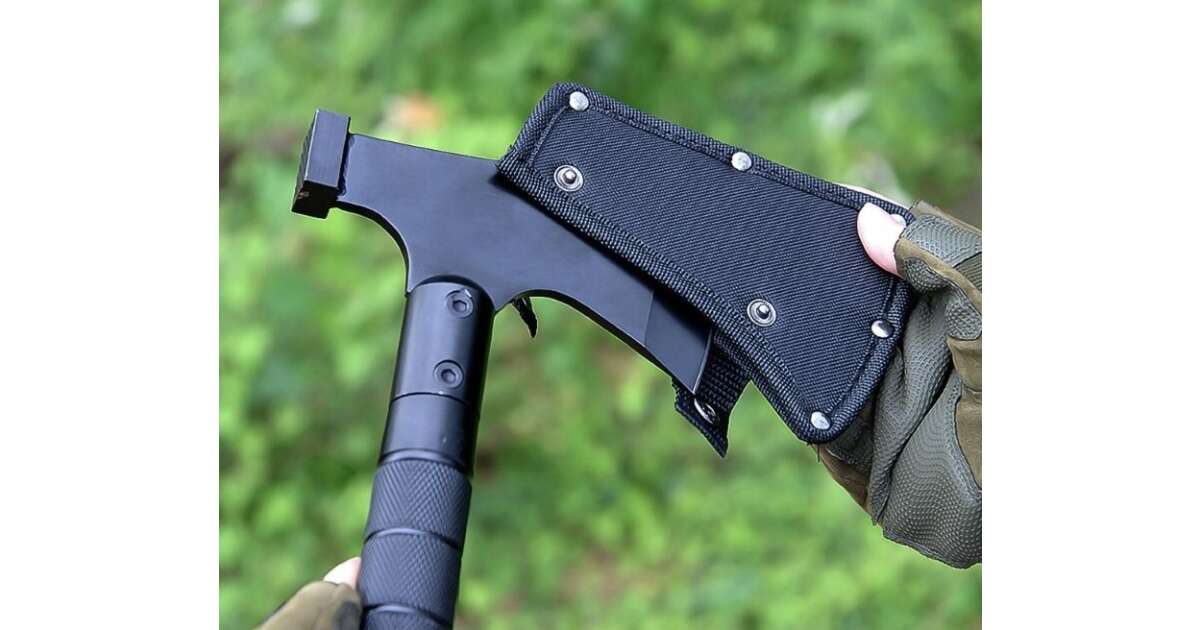 Topor Multifunctional 6 in 1 cu Cutit, Busola si Fluier, Amnar, 43,5 cm, Otel 420, Negru