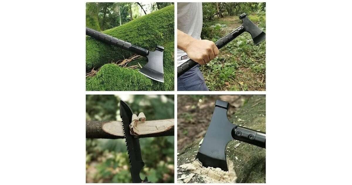 Topor Multifunctional 6 in 1 cu Cutit, Busola si Fluier, Amnar, 43,5 cm, Otel 420, Negru