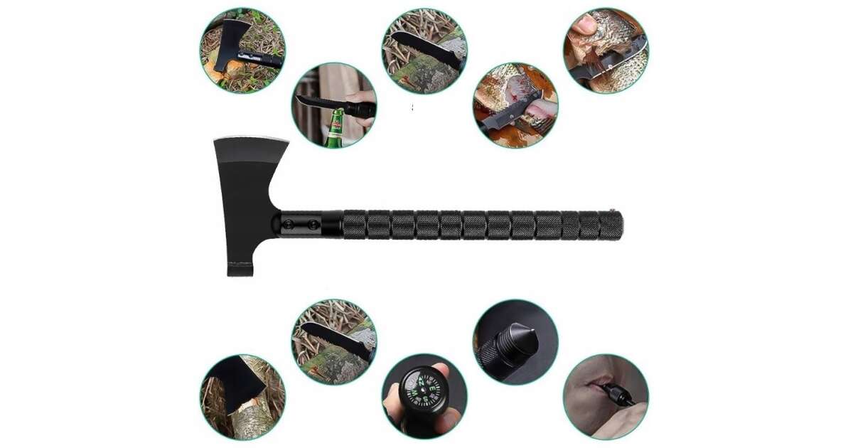 Topor Multifunctional 6 in 1 cu Cutit, Busola si Fluier, Amnar, 43,5 cm, Otel 420, Negru