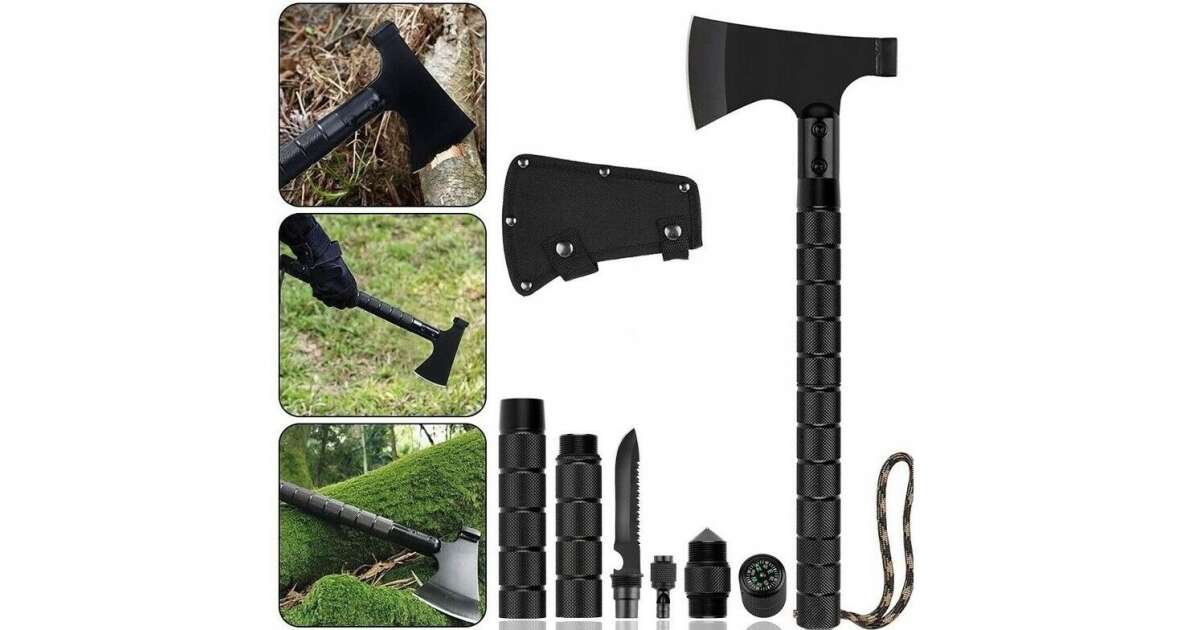 Topor Multifunctional 6 in 1 cu Cutit, Busola si Fluier, Amnar, 43,5 cm, Otel 420, Negru