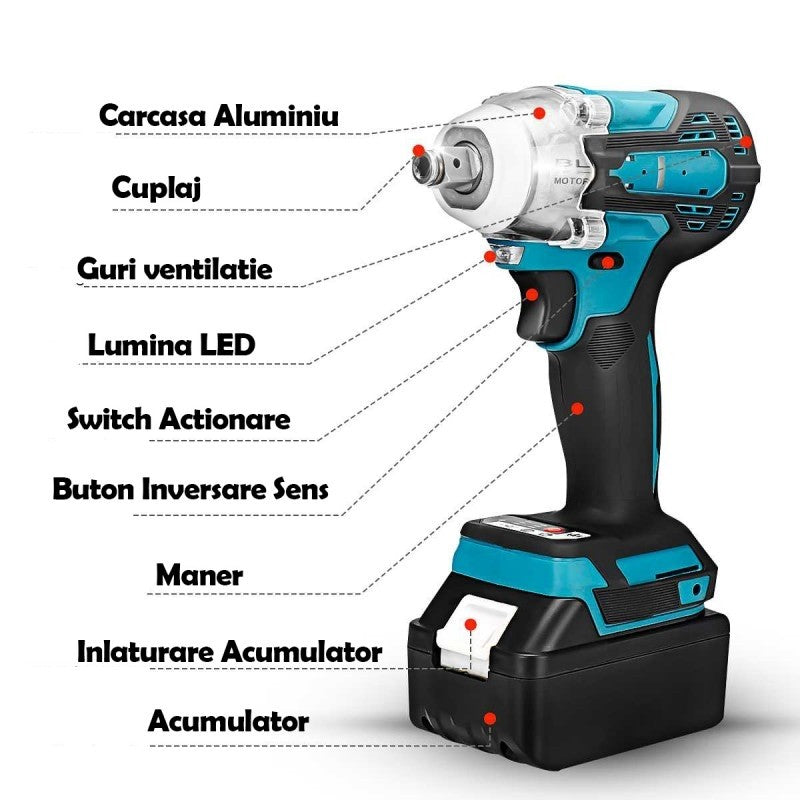 Cheie de Impact Dasgut, 1/2 Inch cu 2 Baterii 48V, 380 NM, Adaptor Makita si LED