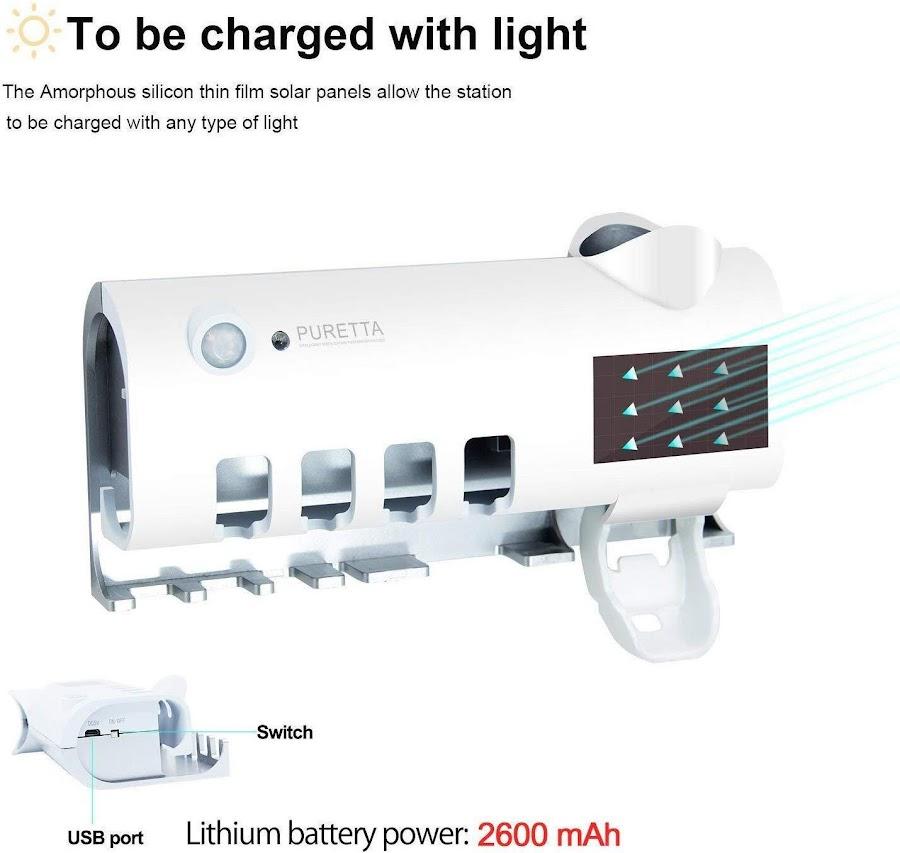 Dozator pentru pasta de dinti, suport pentru periute, cu alimentare solara, Sterilizare UV