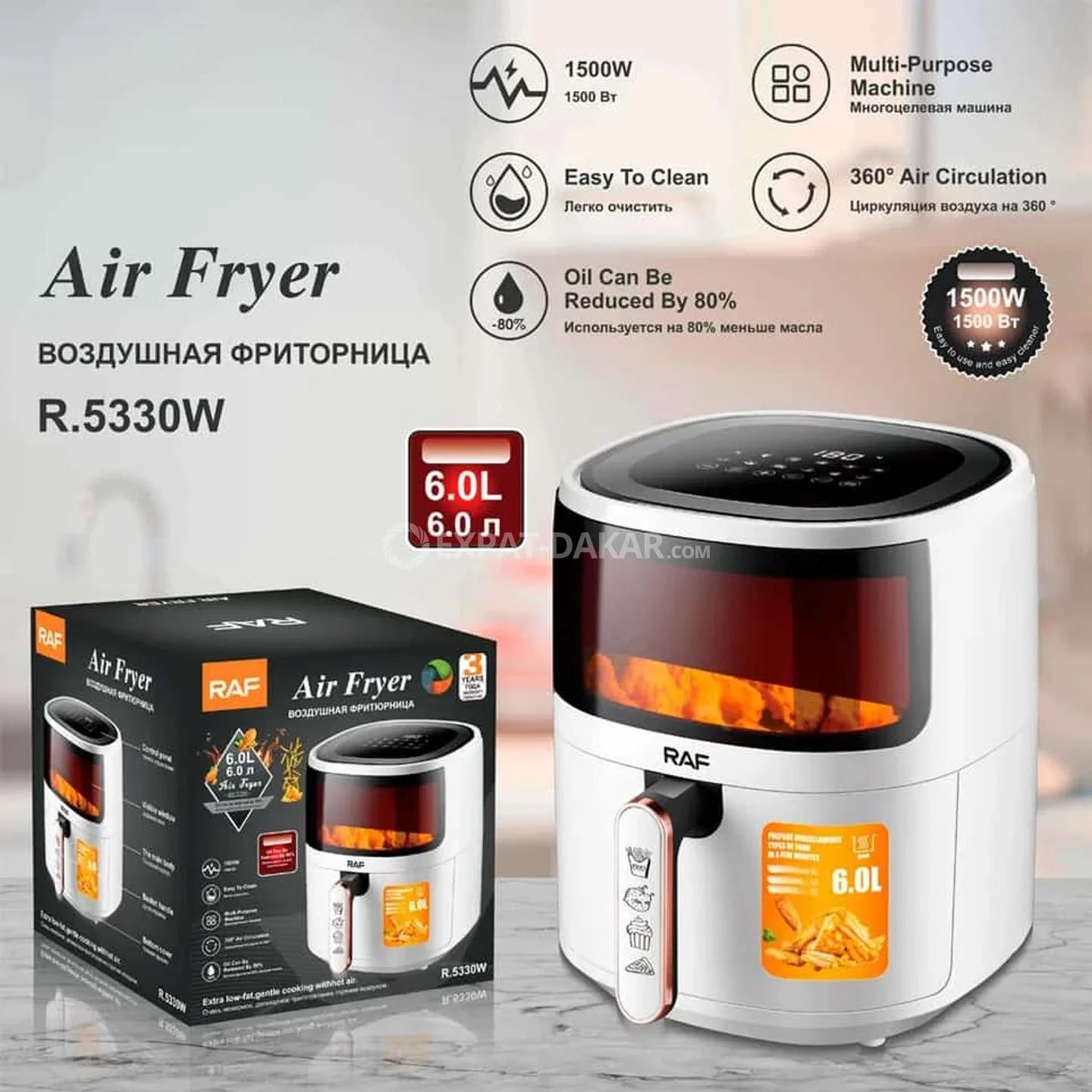 Friteuza cu Aer Cald - Air Fryer RAF - 6L, Control Tactil, 1500W, Negru/Alb