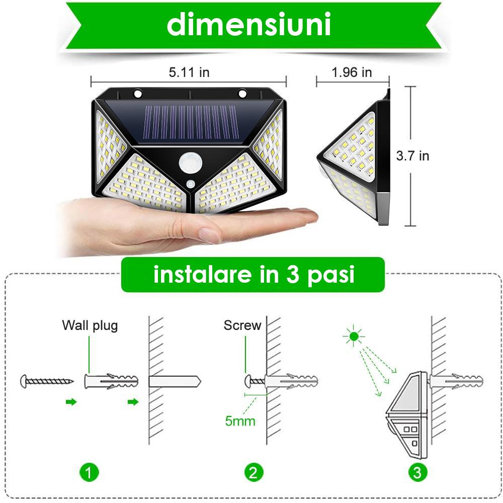 Set 4x Lampi solare LED cu 4 cadrane 100 LED, Senzor de miscare si Lumina Unghi Larg 270 grade