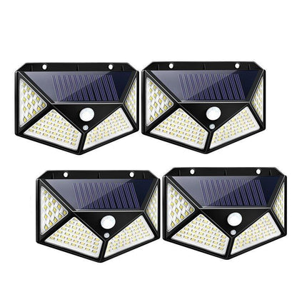 Set 4x Lampi solare LED cu 4 cadrane 100 LED, Senzor de miscare si Lumina Unghi Larg 270 grade