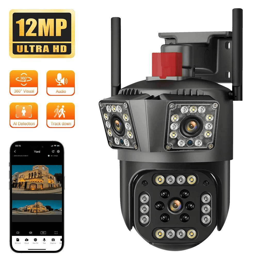 Camera Tripla Wireless 6K 12MP, AI Motion Detection, Night Vision, Zoom Digital 8X, IP66, Card 64GB Inclus