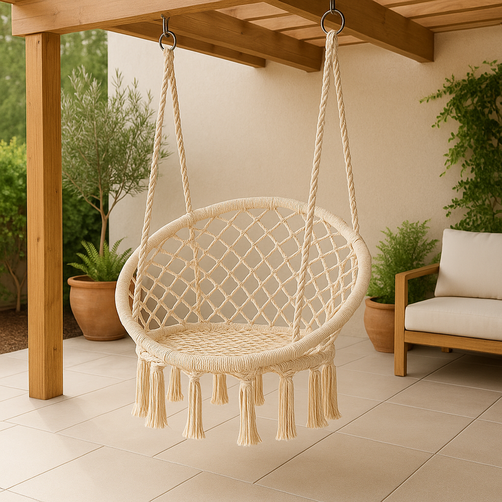 Leagan Modern cu Franjuri, Bumbac Impletit, 150 kg, Pentru Interior Si Exterior, Bej