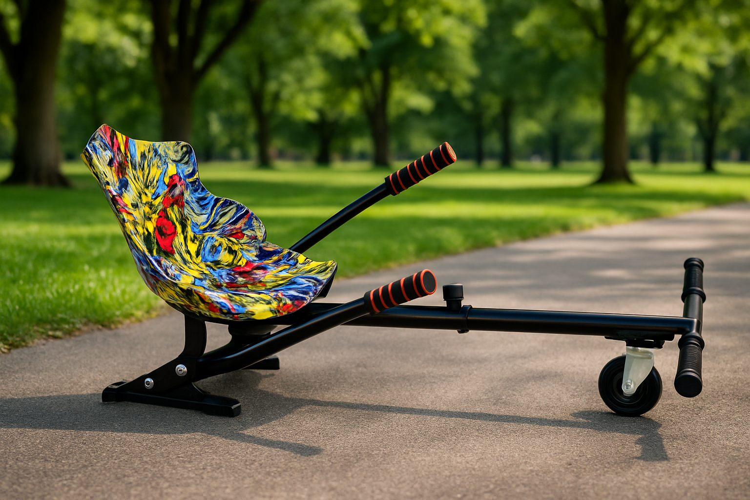 HoverKart cu Scaun Graffiti, Compatibil hoverboard 6,5–10 inch, Cadru Reglabil, Roata Solida