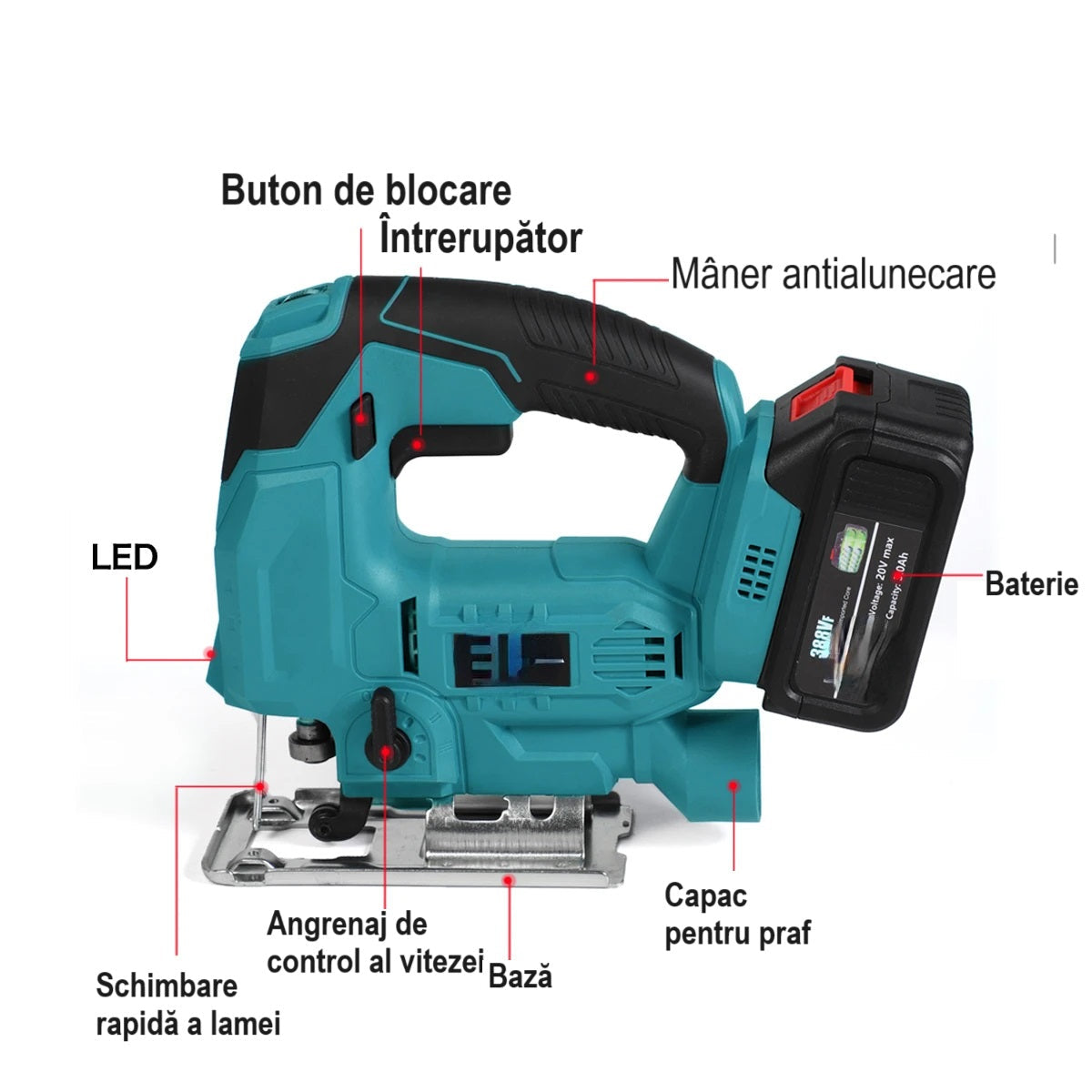 Fierastrau tip Soricel, pentru Lemn/Parchet - LeihMann, Turatie Reglabila, 2800 RPM cu 2 Acumulatori 24V