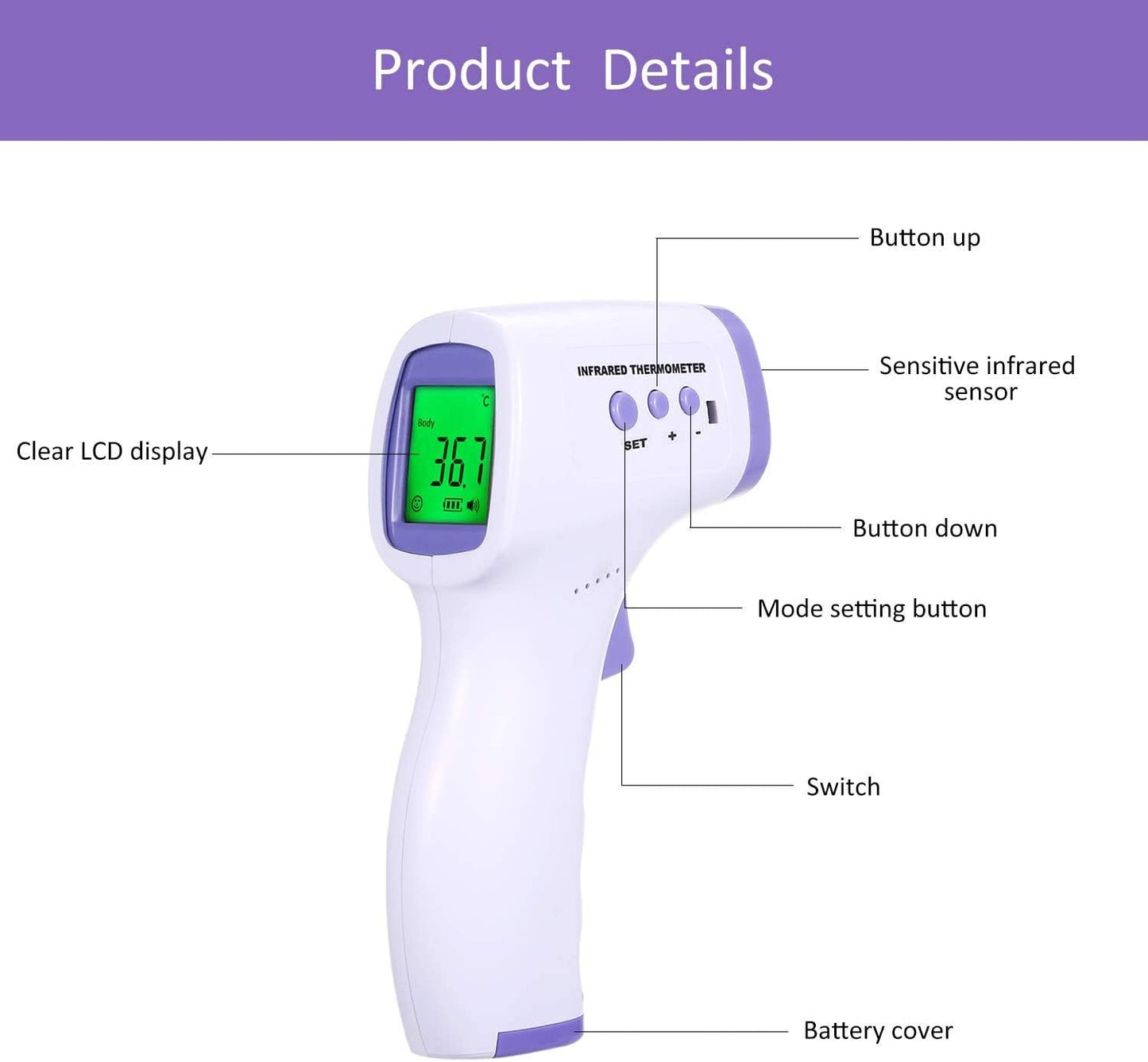 Termometru Digital Non-Contact, Masurare la 0.5 Secunde, Display Multicolor pentru Temperatura