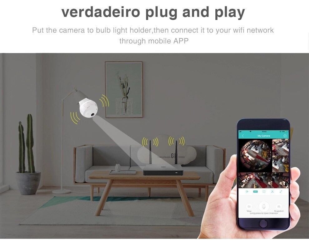 Camera IP Panoramica unghi 360 grade, Insurubare tip bec, Wifi, Aplicatie Live pe Telefon