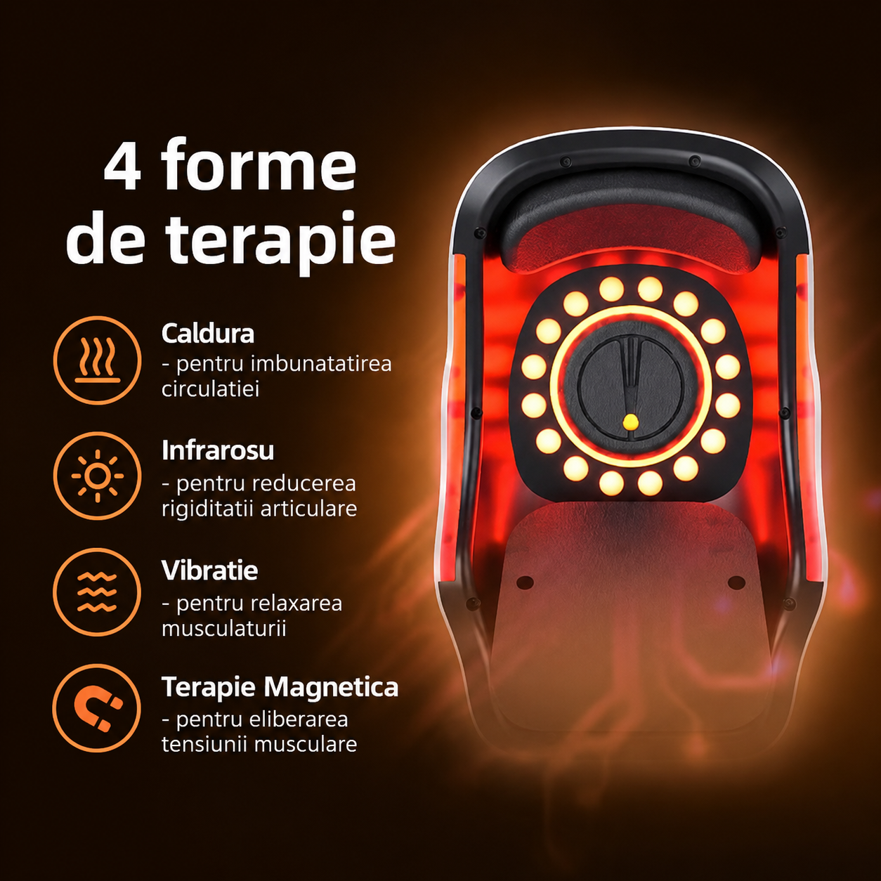 Dispozitiv Electric Masaj Genunchi 4-in-1 - Caldura, Vibratie, Terapie Magnetica + Infrarosu - Reglabil, Reincarcabil USB-C