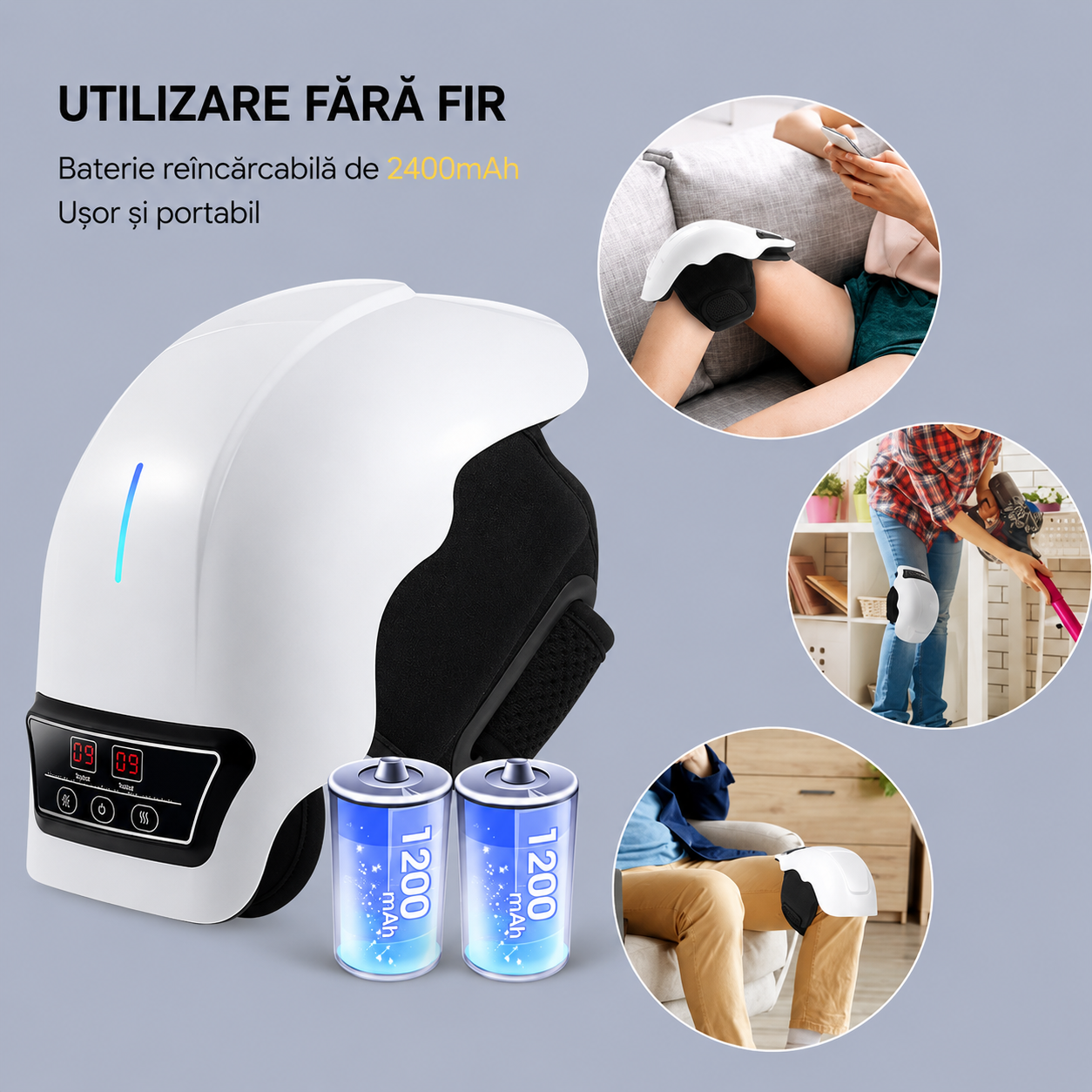Dispozitiv Electric Masaj Genunchi 4-in-1 - Caldura, Vibratie, Terapie Magnetica + Infrarosu - Reglabil, Reincarcabil USB-C