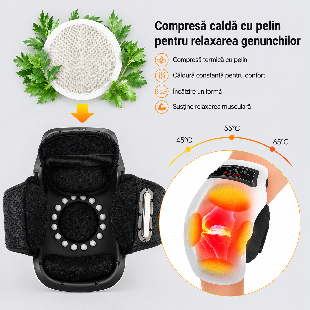 Dispozitiv Electric Masaj Genunchi 4-in-1 - Caldura, Vibratie, Terapie Magnetica + Infrarosu - Reglabil, Reincarcabil USB-C