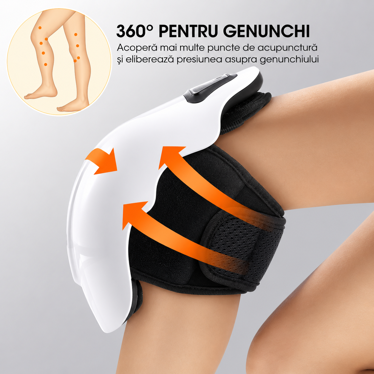 Dispozitiv Electric Masaj Genunchi 4-in-1 - Caldura, Vibratie, Terapie Magnetica + Infrarosu - Reglabil, Reincarcabil USB-C