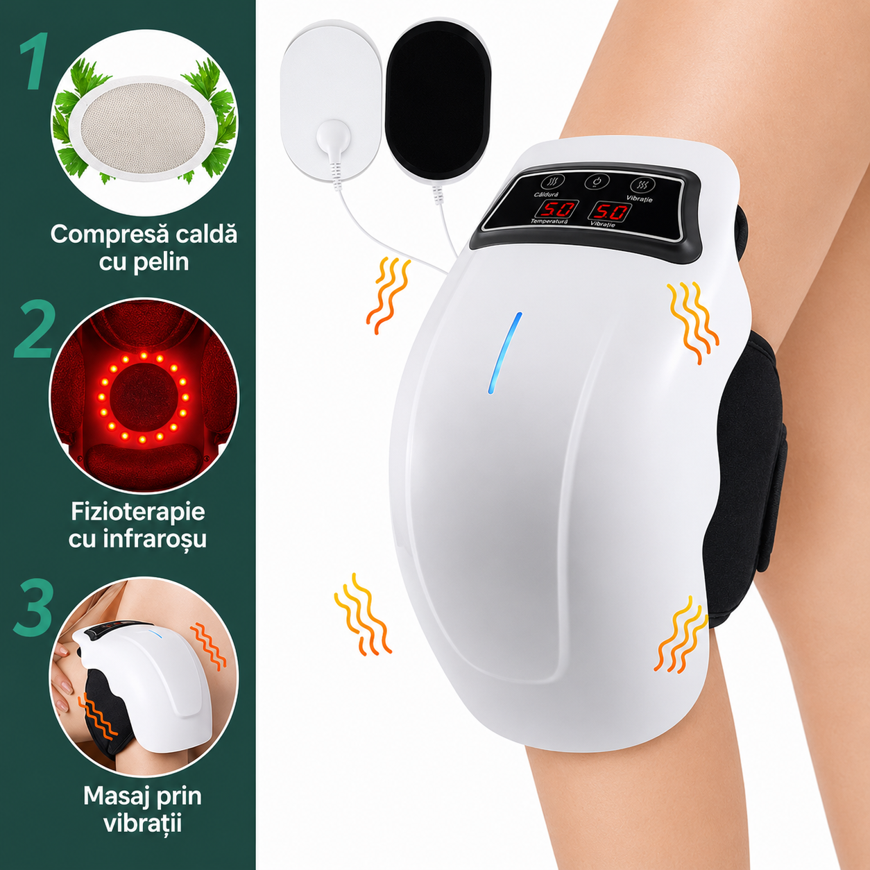 Dispozitiv Electric Masaj Genunchi 4-in-1 - Caldura, Vibratie, Terapie Magnetica + Infrarosu - Reglabil, Reincarcabil USB-C