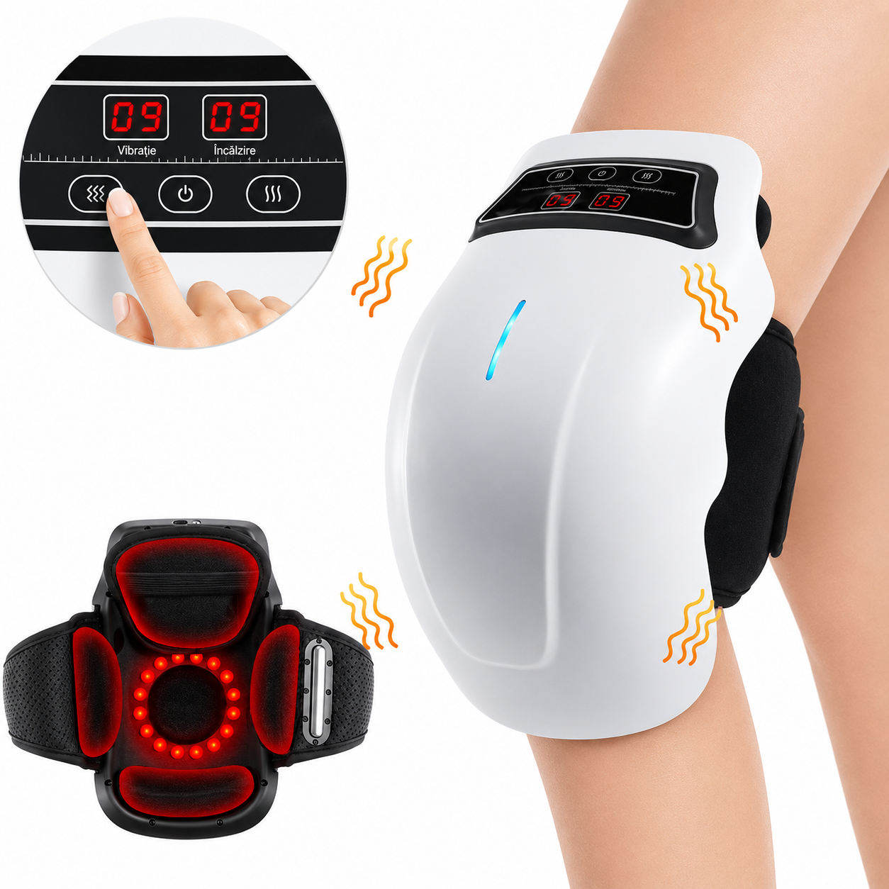Dispozitiv Electric Masaj Genunchi 4-in-1 - Caldura, Vibratie, Terapie Magnetica + Infrarosu - Reglabil, Reincarcabil USB-C