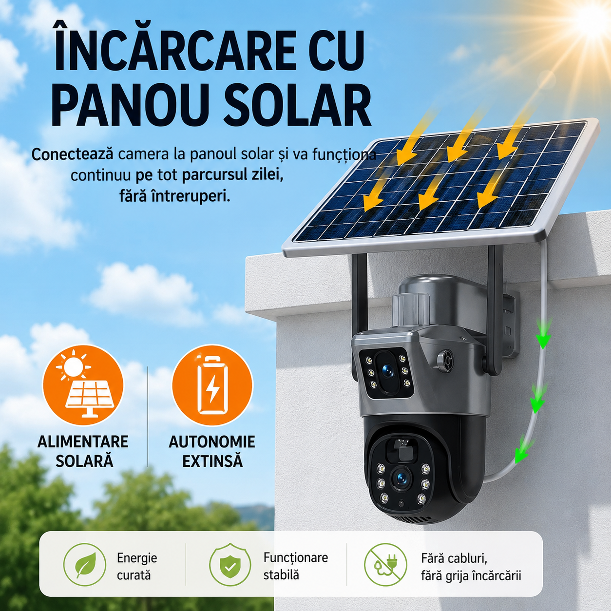Camera Supraveghere WiFi - Solara Dubla, 8MP cu Panou, Card 32GB Inclus, Vedere Nocturna, IP66, Visuron