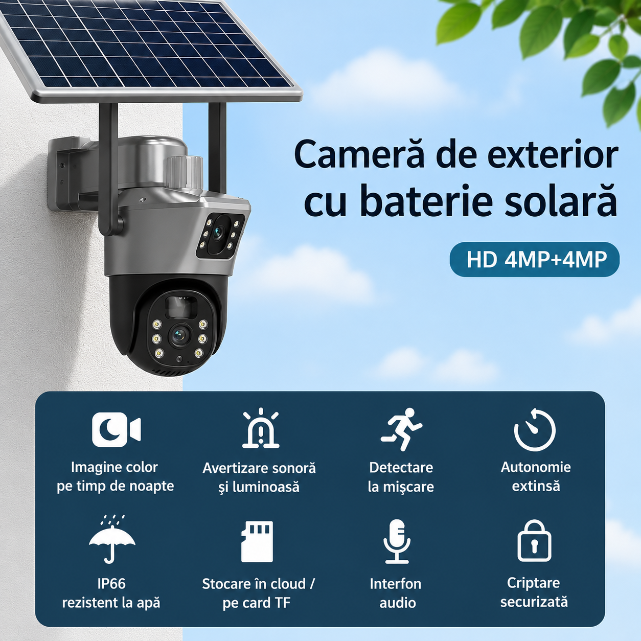 Camera Supraveghere WiFi - Solara Dubla, 8MP cu Panou, Card 32GB Inclus, Vedere Nocturna, IP66, Visuron