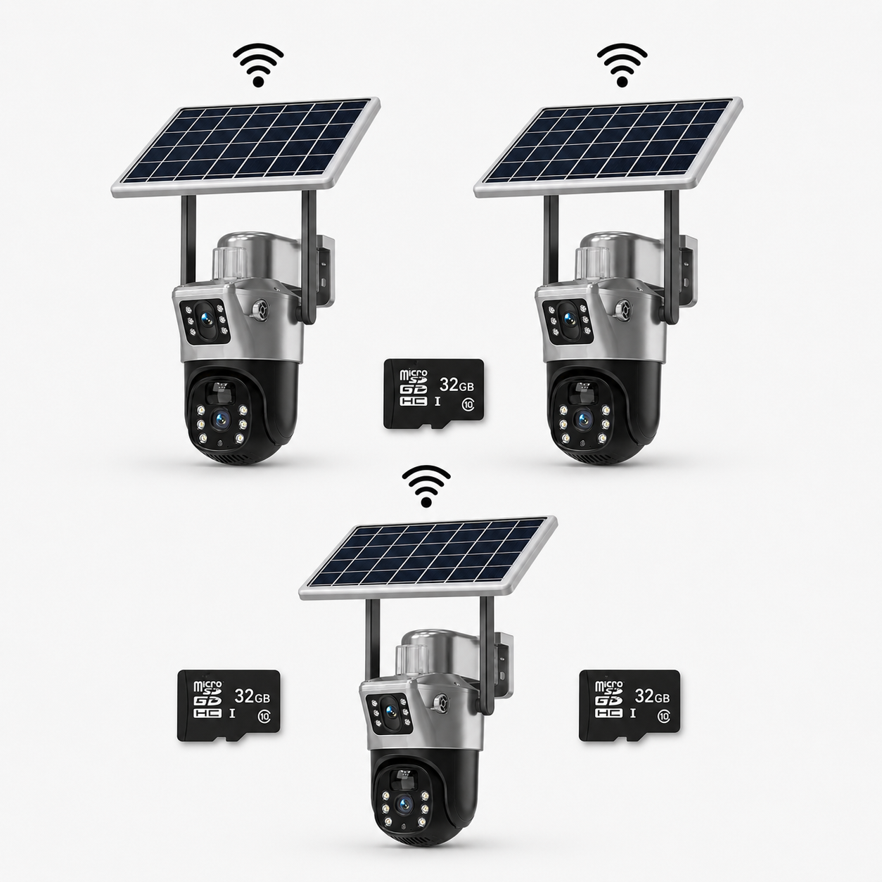 SET 3x Camere Supraveghere WiFi Duble, 8MP cu Panou Solar, 3x Card SD 32GB Inclus, IP66, Visuron