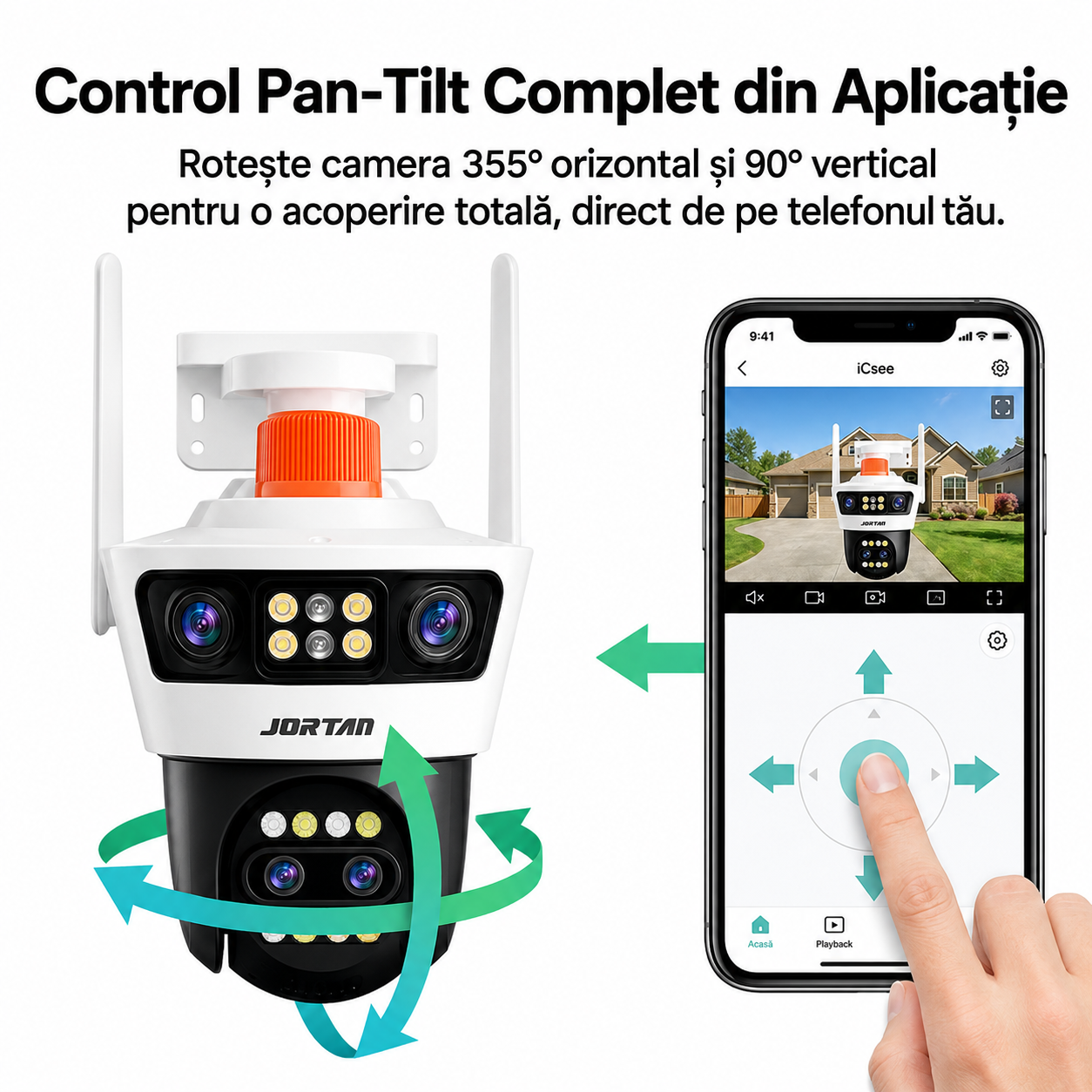 Camera Supraveghere Jortan 7AL -  WiFi 12MP 4 Lentile PTZ IP66 + Card 32GB Cadou + Cablu 5M Cadou