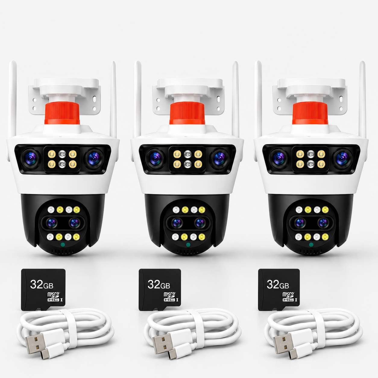 Pachet 3x Camere Supraveghere Jortan Dual WiFi 12MP, 4 Lentile PTZ 360, IP66 + 3x Card 32GB Cadou + 3x Cablu 5M Cadou