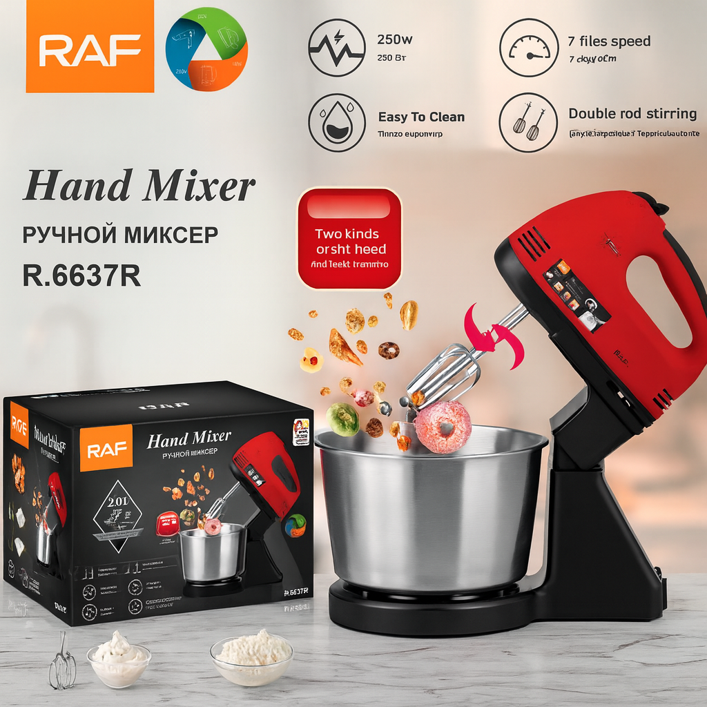 Mixer cu Bol de Inox 2L RAF - de mana si masa, Putere 250W. 7 Trepte Viteza, Accesorii Complete