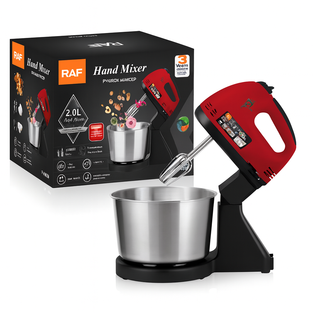 Mixer cu Bol de Inox 2L RAF - de mana si masa, Putere 250W. 7 Trepte Viteza, Accesorii Complete
