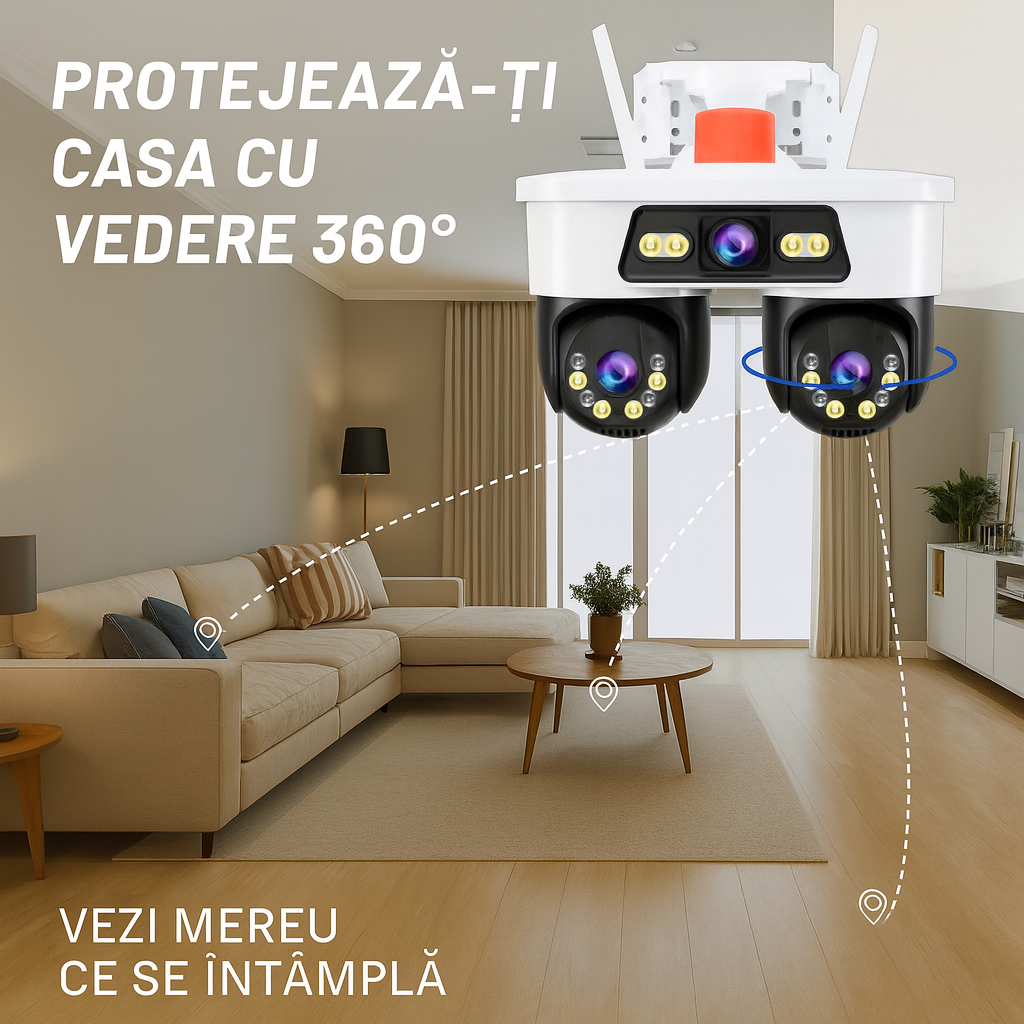 Camera Supraveghere WiFi/LAN Jortan, 3 Lentile, 9MP, Cap Dublu PTZ 355°, Night Vision, IP66
