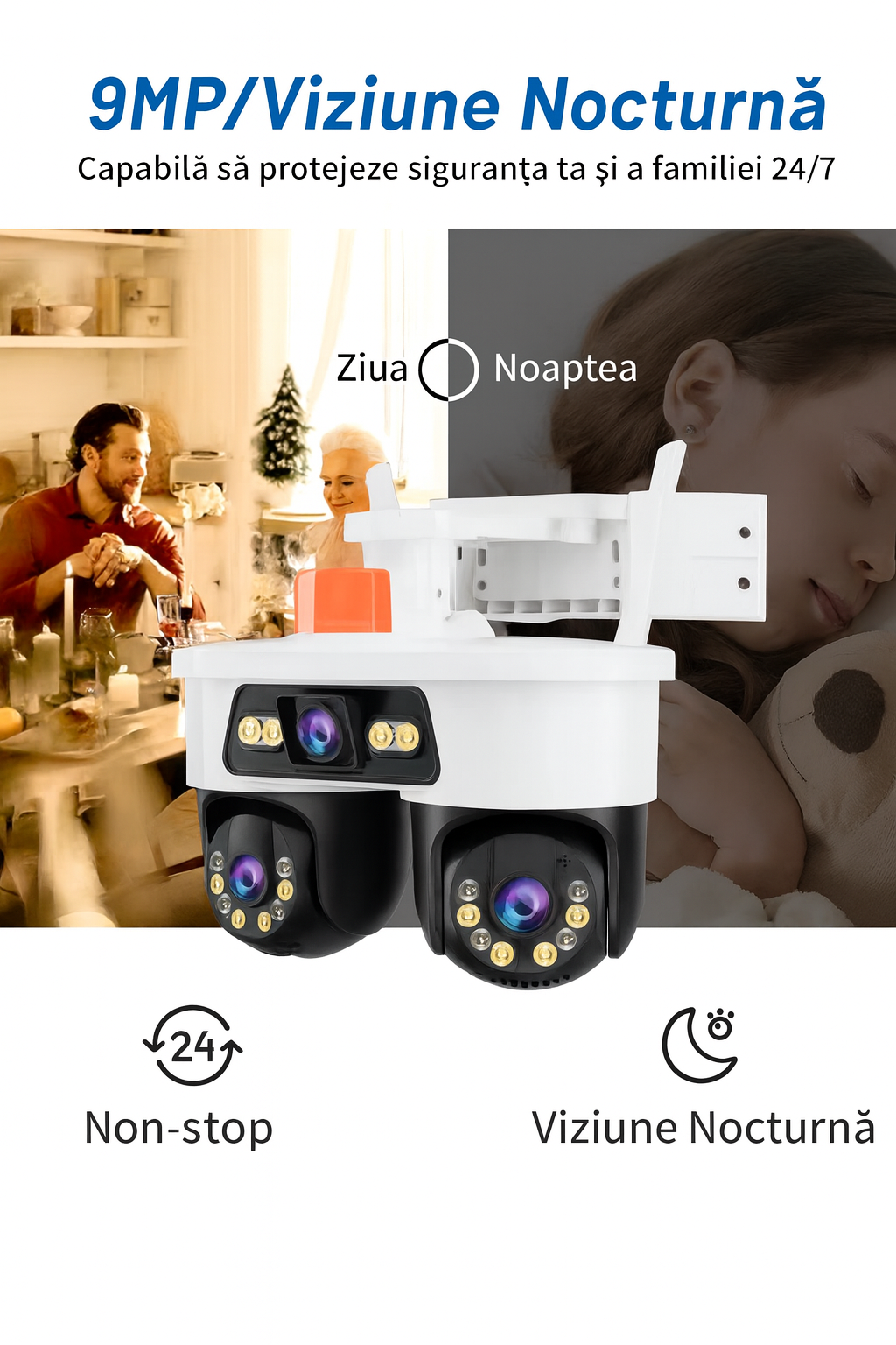 Camera Supraveghere WiFi/LAN Jortan, 3 Lentile, 9MP, Cap Dublu PTZ 355°, Night Vision, IP66