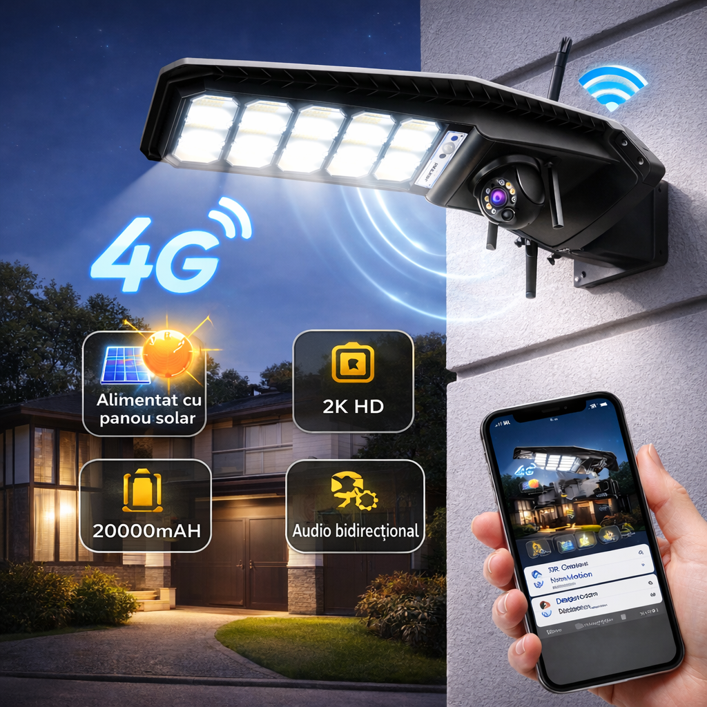 Lampa Stradala Solara 400W - cu Camera Supraveghere 4G 1080p - IP66, Viziune Nocturna Color + Telecomanda