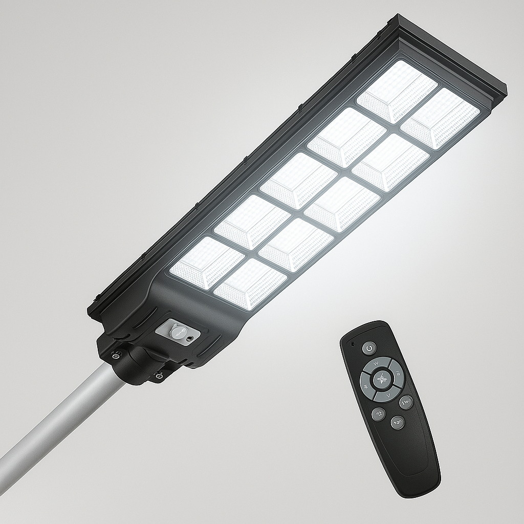 Lampa Solara Stradala 600W, cu Senzor de Lumina, Telecomanda si Picior Metalic