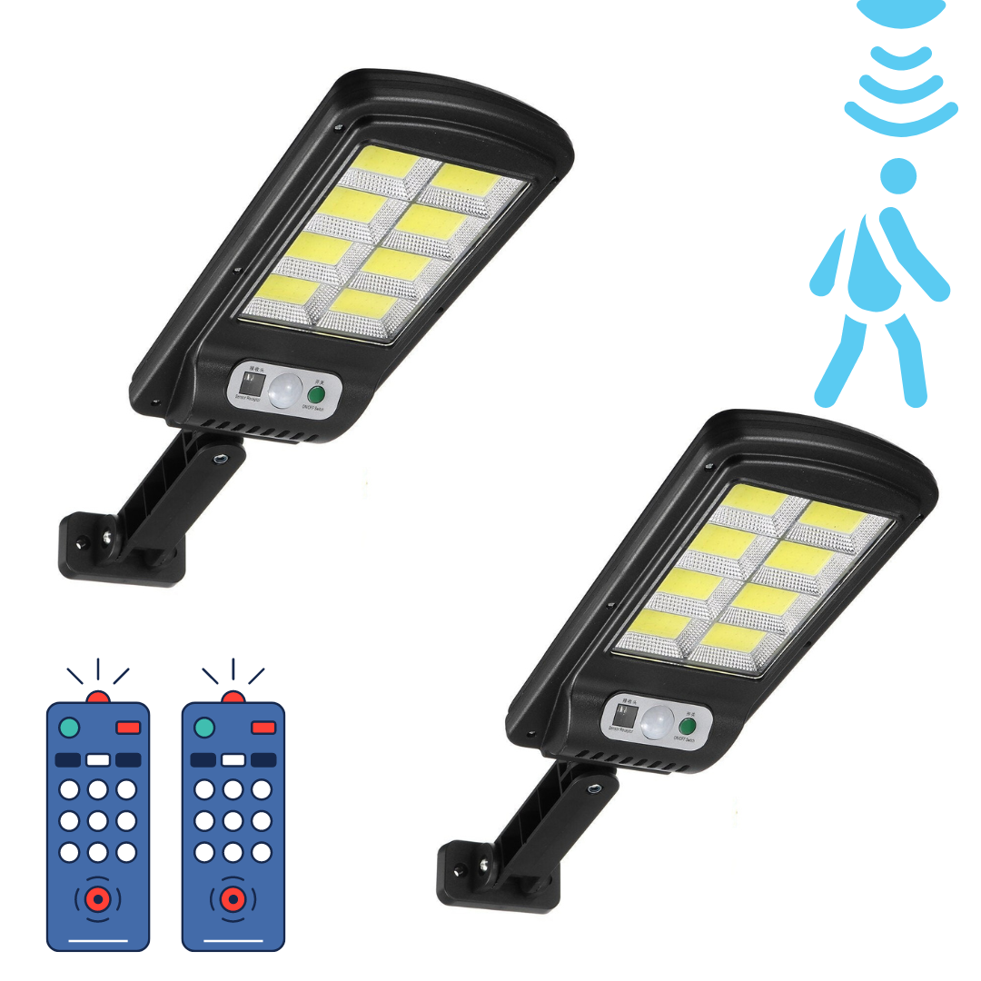 Set 2x Lampa Solara JORTAN, 100W, Telecomanda si Senzor de Miscare, 8 Celule cu LED-uri COB