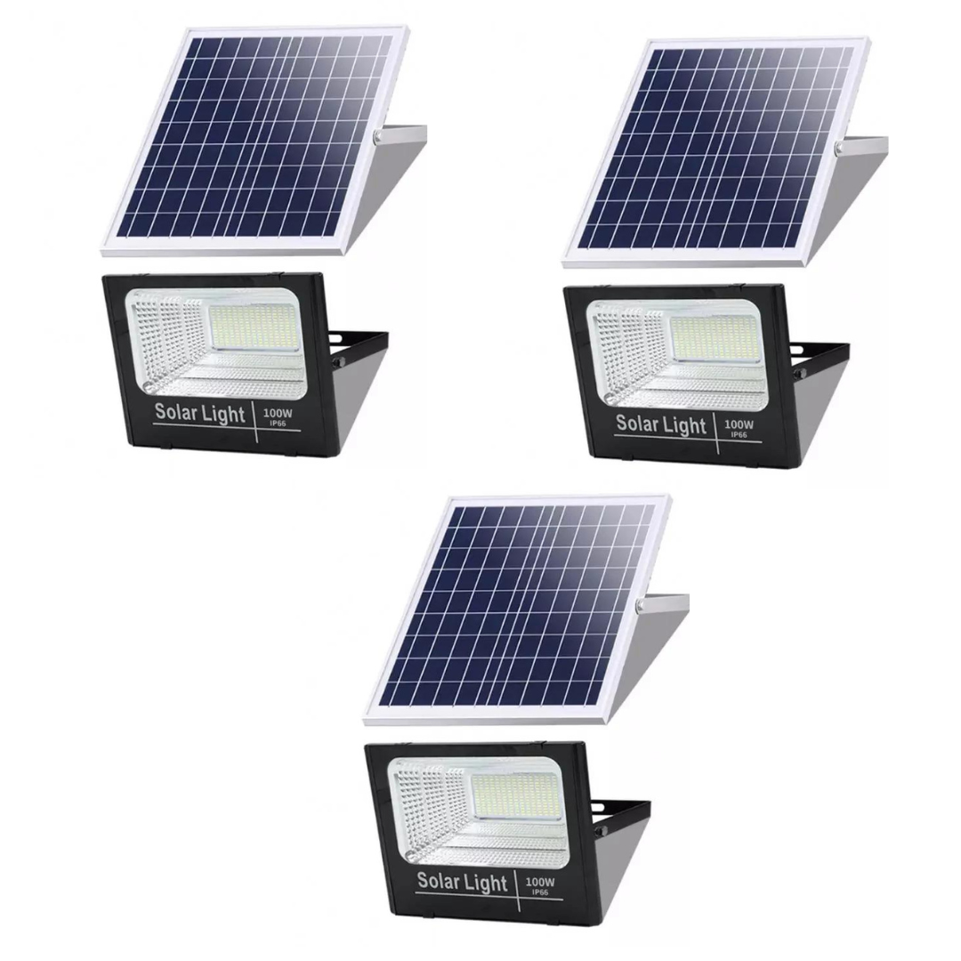 Set 3 Proiectoare Solare Jortan - 100W cu 3 Panouri, cu Telecomanda,