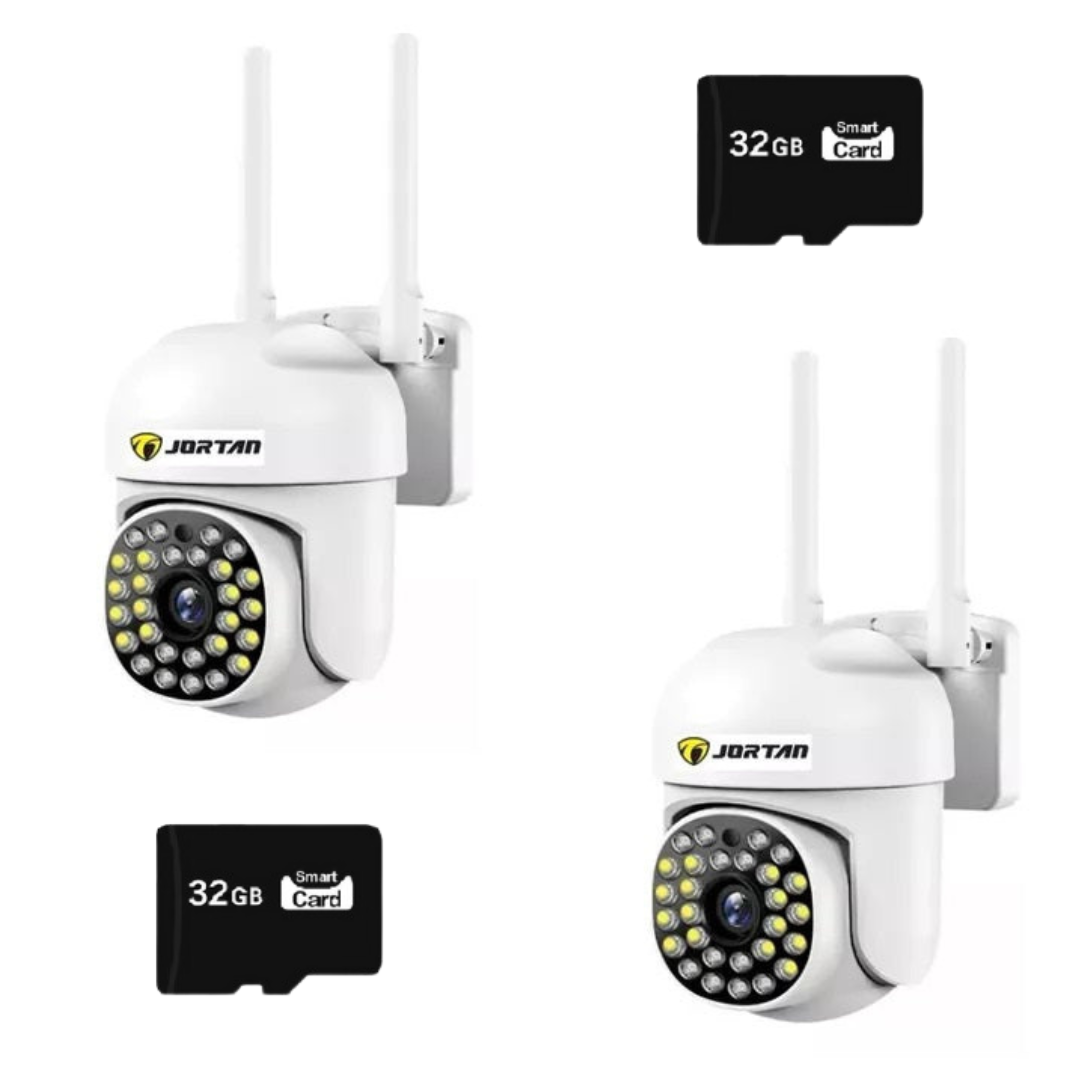 SET 2x Camera de Securitate, WiFi Jortan JT-8161QJ - 1080P, Alerta Human-ID cu LED-uri Active, Viziune Nocturna 30M, 2x Card 32GB Incluse