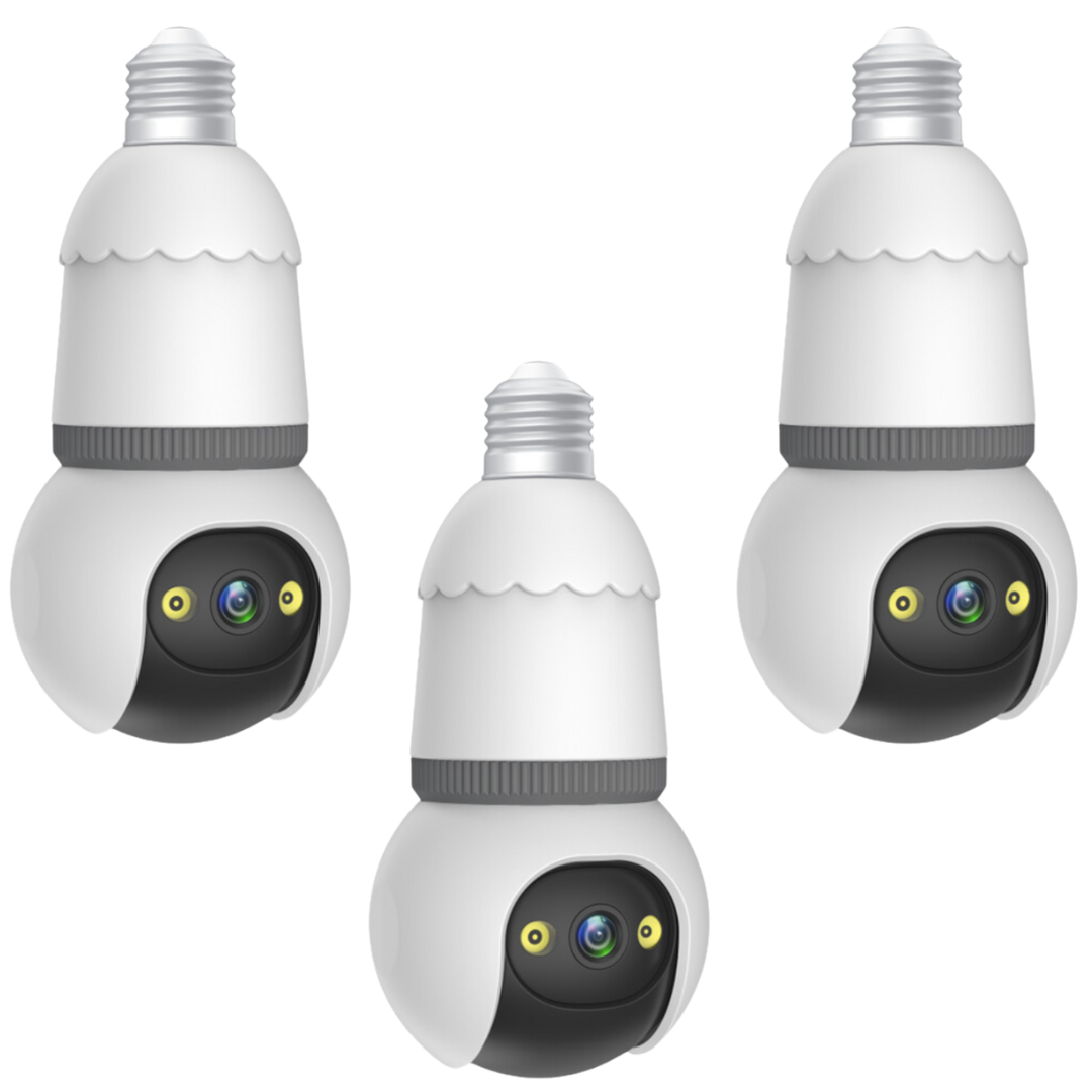 SET 3X Camere Smart Tip Bec V380Pro 3MP, Vizibilitate Nocturna 25m, Detectie AI, Sirena + Microfon