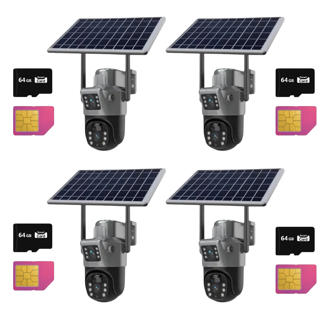 SET 4x Camere de Supraveghere 4G Duale, 6MP Viziune Nocturna, IP66, cu Panou Solar, 4x Card 64GB