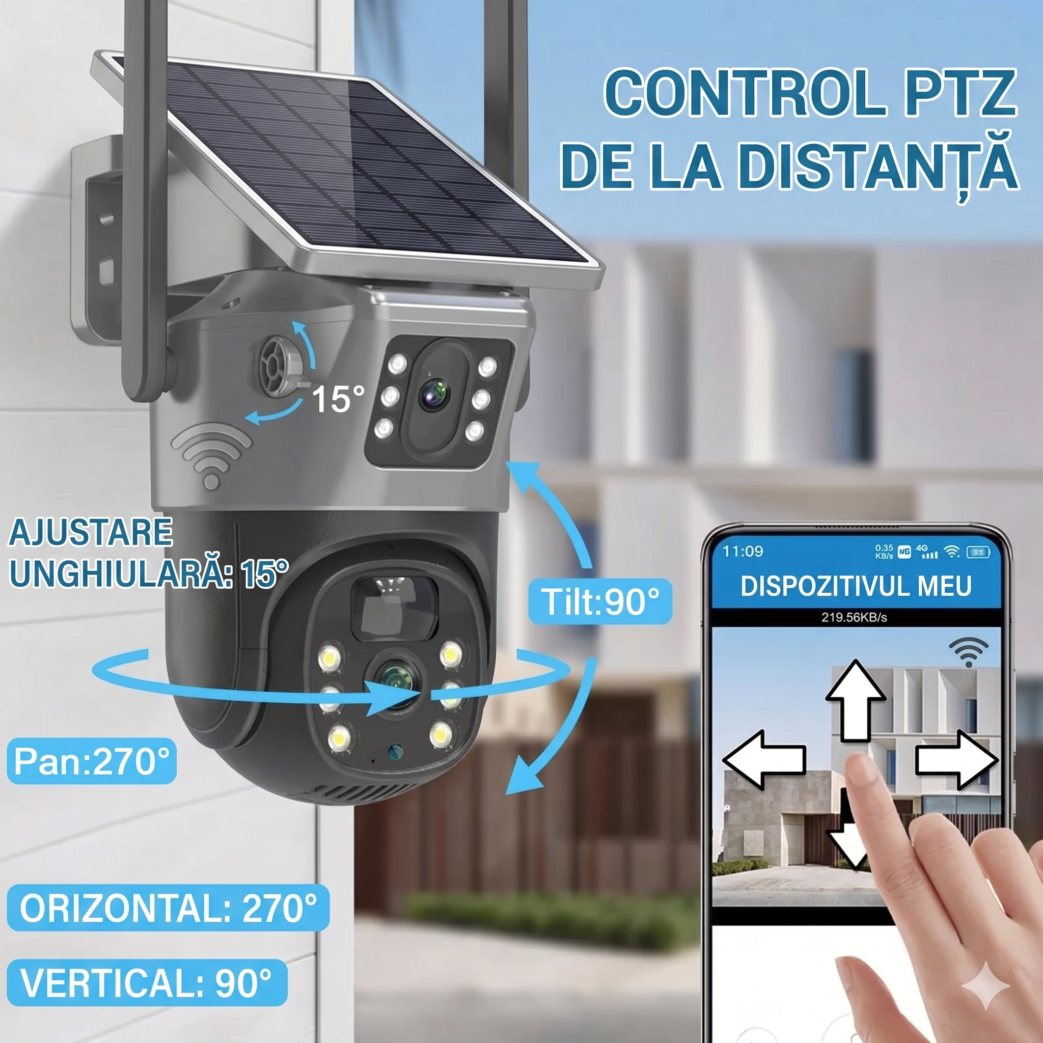 SET 4x Camere Solare Visuron Wi-Fi Duale, 8MP Viziune Nocturna, Zoom Optic 10x, IP66, cu Panou Solar, 4x Card 64GB
