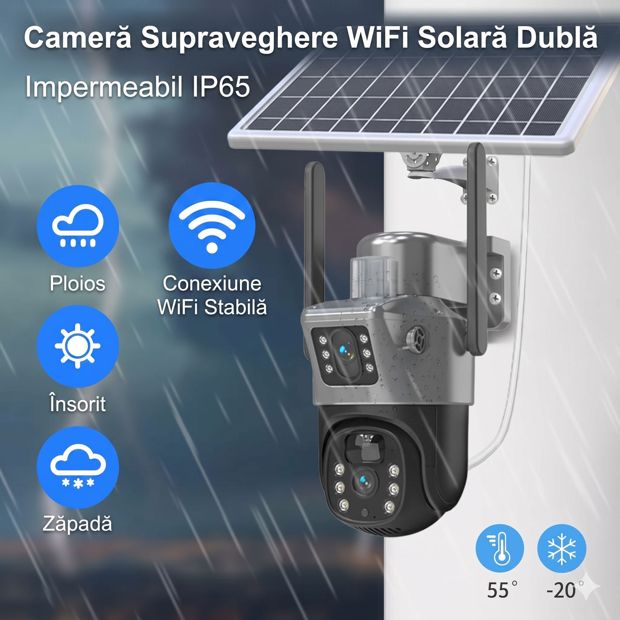 SET 4x Camere Solare Visuron Wi-Fi Duale, 8MP Viziune Nocturna, Zoom Optic 10x, IP66, cu Panou Solar, 4x Card 64GB