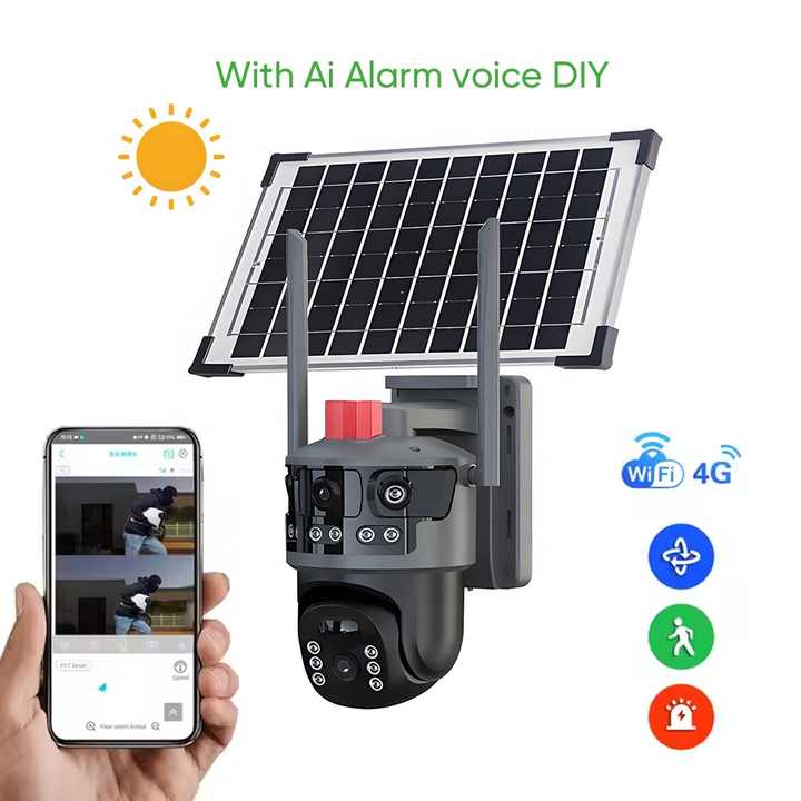 Camera de Supraveghere Exterior Solara 4G, 3 Lentile, 9MP, Night Vision Color, Detectare Umana AI, IP66, Card 32GB inclus