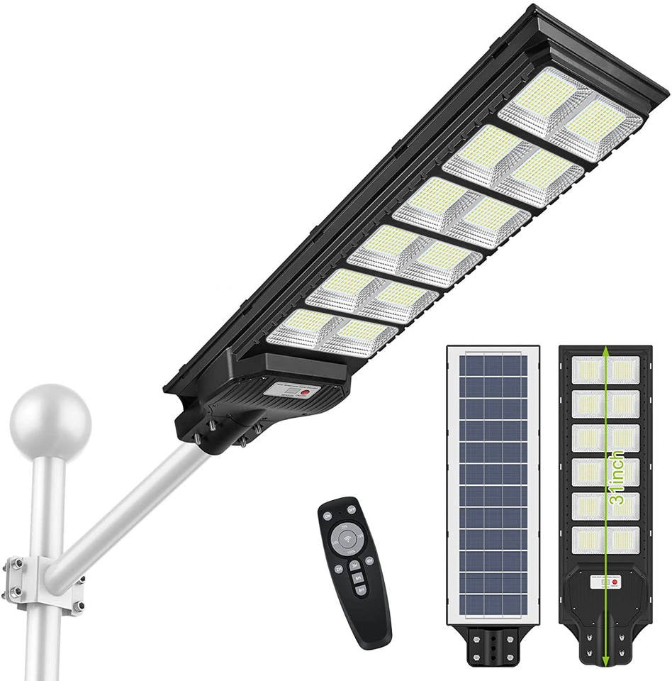 Lampa Solara 400W/300W/200W Stradala cu Telecomanda si Picior Metalic, Senzor Crepuscular,