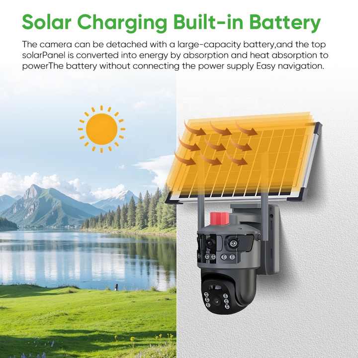 Camera de Supraveghere Exterior Solara 4G, 3 Lentile, 9MP, Night Vision Color, Detectare Umana AI, IP66, Card 32GB inclus